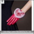 Ladies driving hand made red color leather gloves with rabbit fur lined
